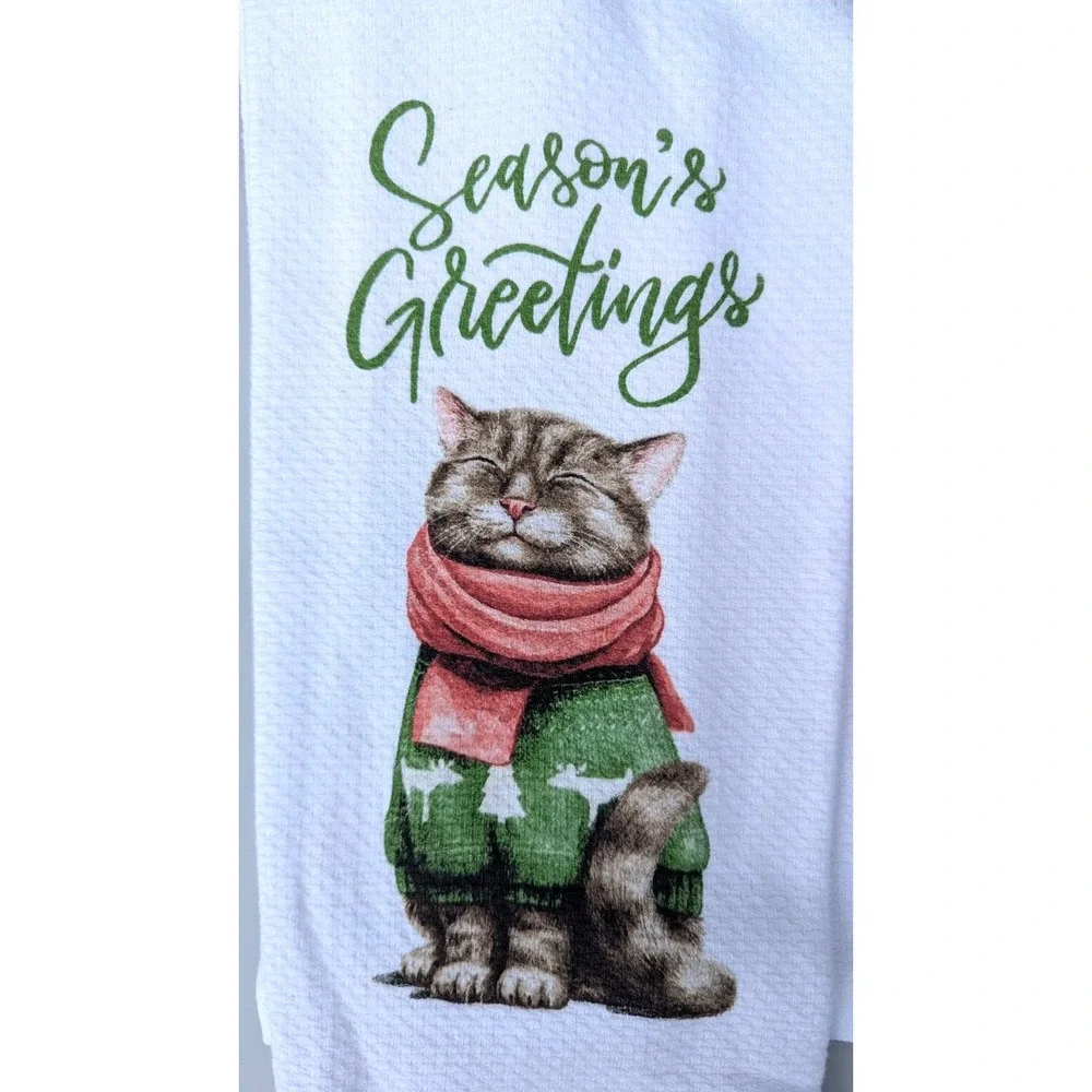 Colordrift CHRISTMAS Kitchen Towels Set of 3 Tabby Cat Kitten Seasons‎ Greetings